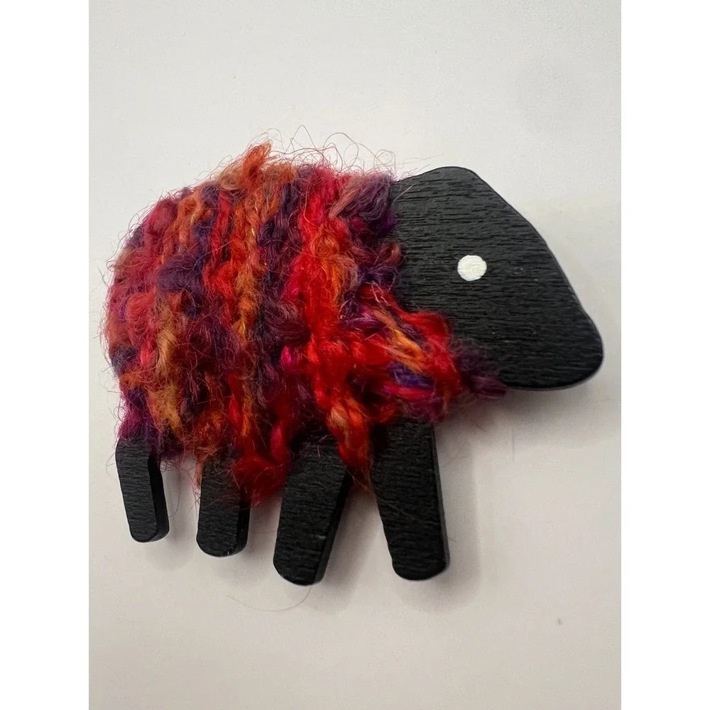 Handmade Black Sheep Brooch Textile Wool Fiber Wood Statement Pin Folk Art 2.75